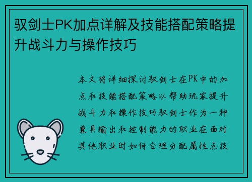 驭剑士PK加点详解及技能搭配策略提升战斗力与操作技巧