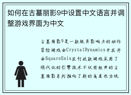 如何在古墓丽影9中设置中文语言并调整游戏界面为中文