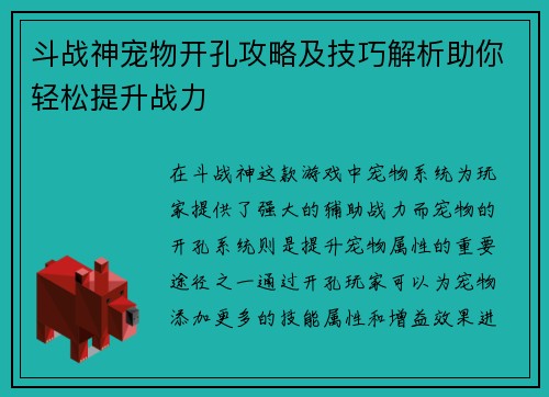 斗战神宠物开孔攻略及技巧解析助你轻松提升战力