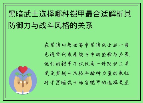 黑暗武士选择哪种铠甲最合适解析其防御力与战斗风格的关系